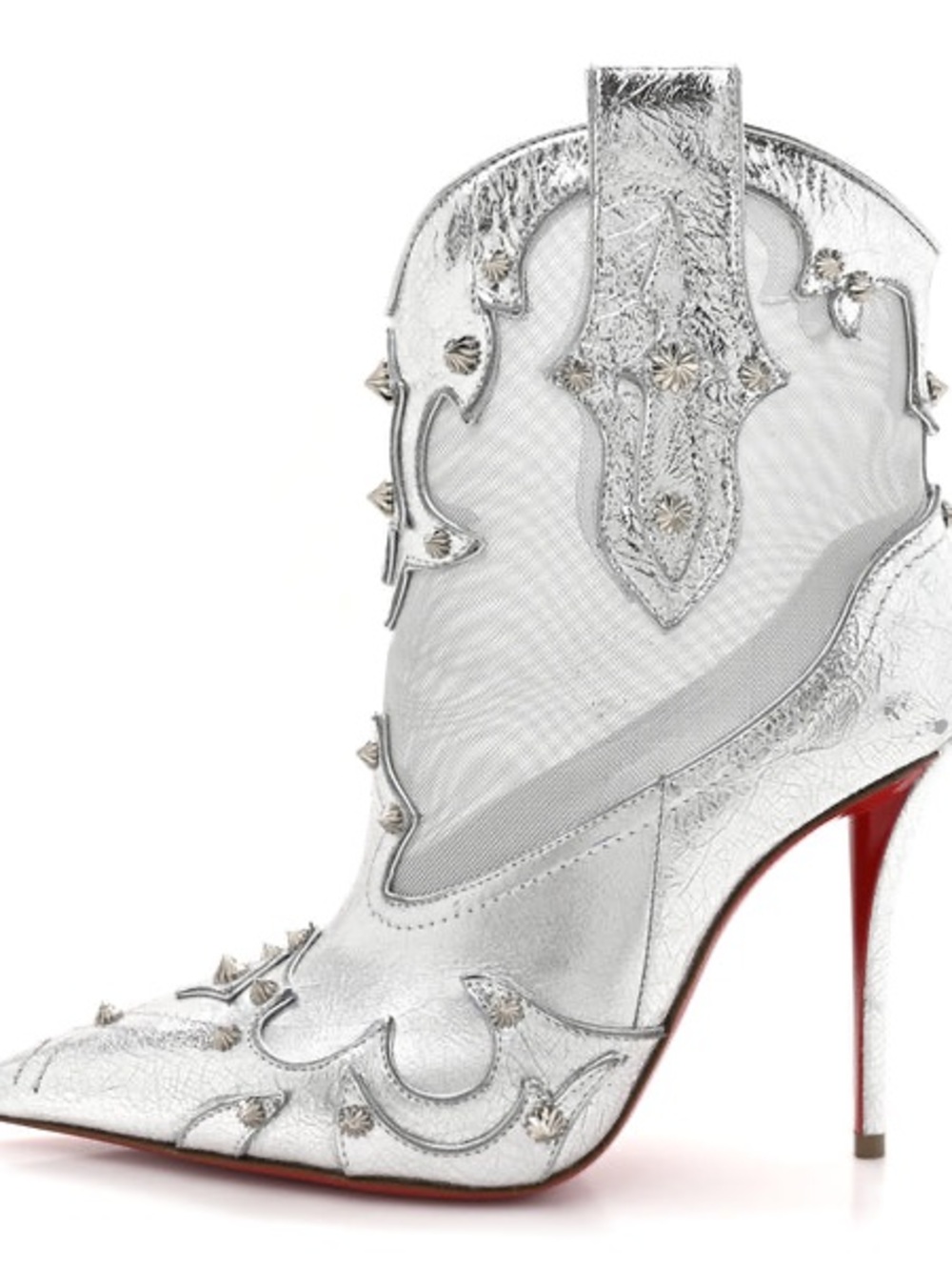Christian Louboutin Silver Mesh & Stud Ankle Boot with Red Heel